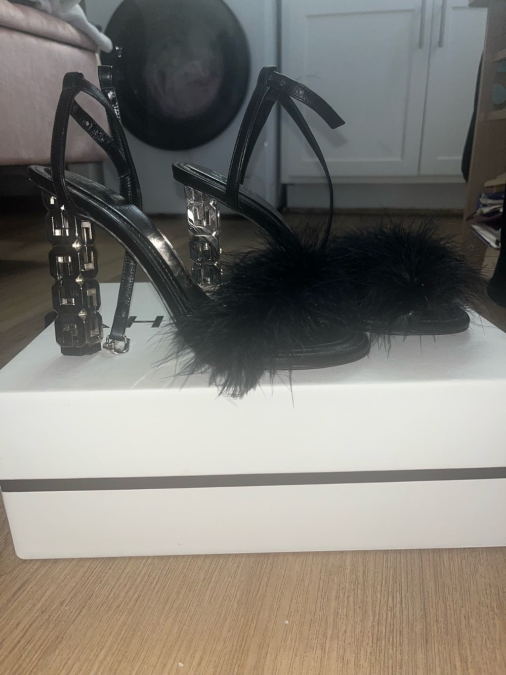 Givenchy Black Feather Strap Sandals with Sculptural Crystal Heel
